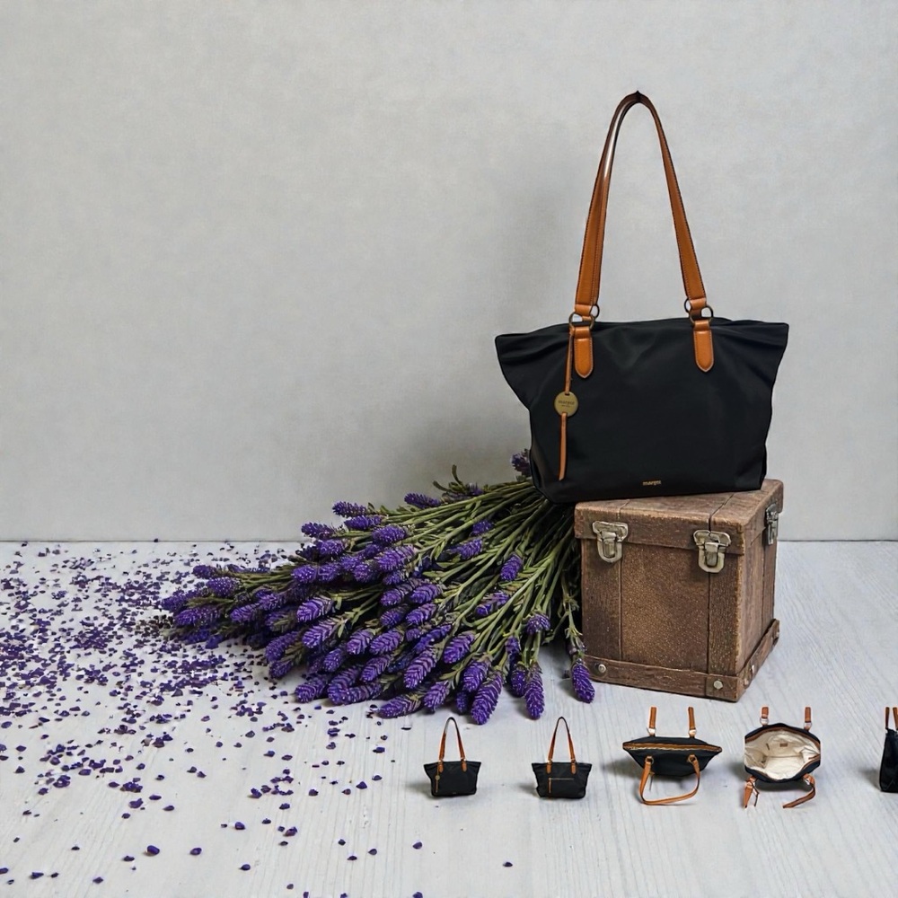 Margot New York Nylon Tote Bag with Tan Straps - Picture 2 of 11